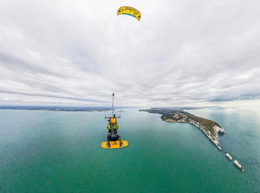 Kitesurfing session over water, custom printed kite graphic, UK made specialist studio