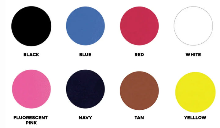 Vinyl color swatch chart for marine and watersports sail stickers, black, blue, red, white, fluorescent pink, navy, tan, yellow.