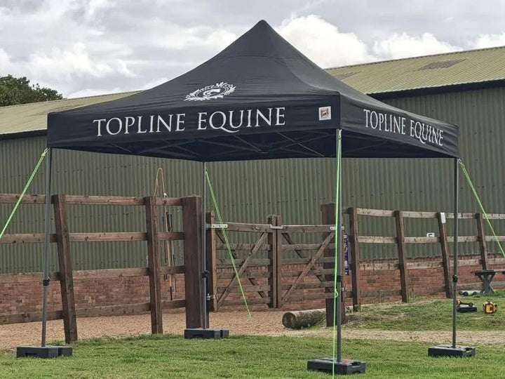 Custom branded outdoor gazebo with printed fabric canopy, equestrian theme, UK made.